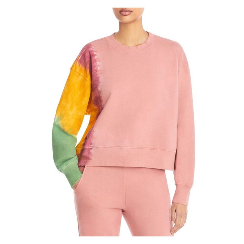 VELVET Womens Pink Ribbed Pullover Tie Dye Long Sleeve Crew Neck Sweater S